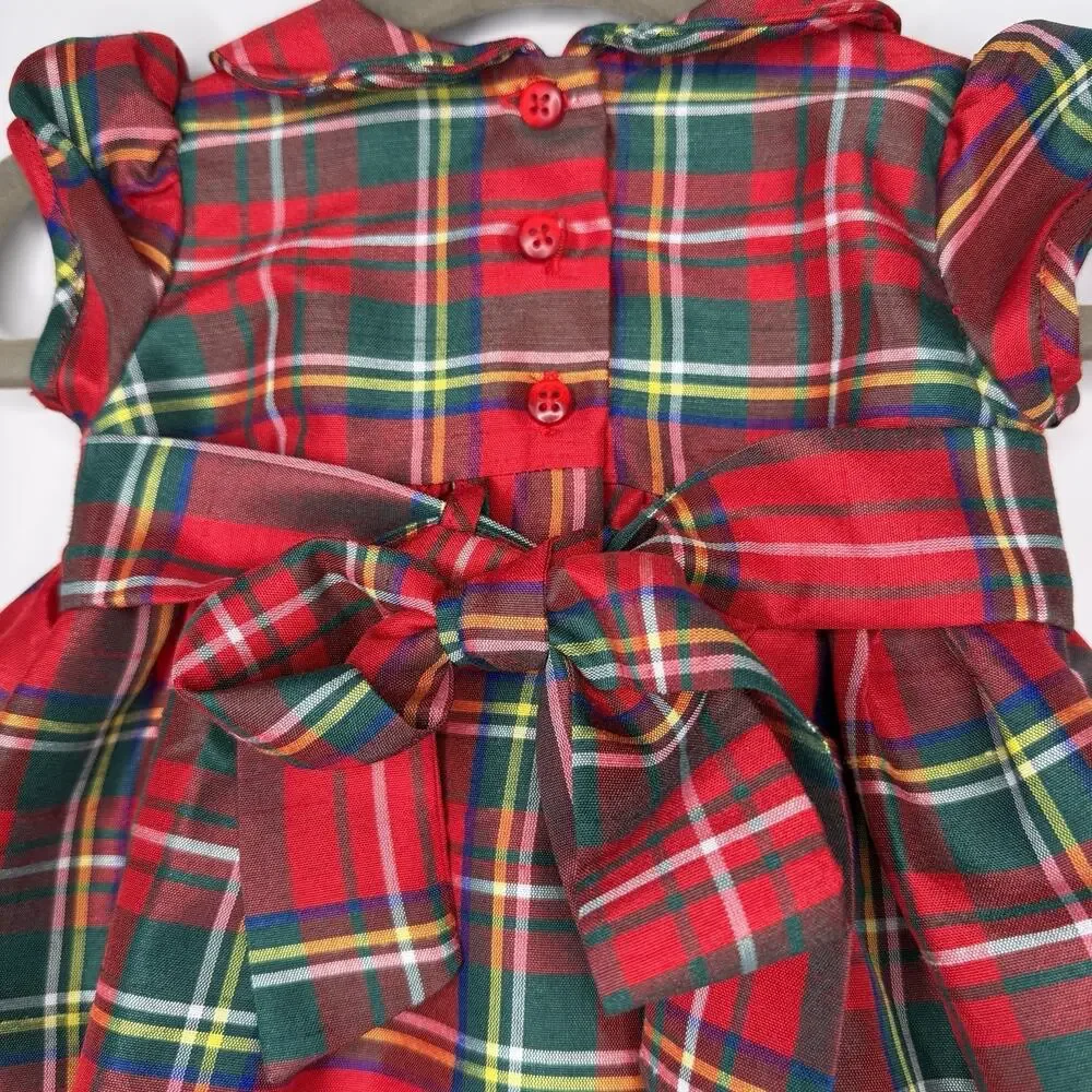 Laura Ashley Infant Holiday Dress 0-3 Months Red & Green Plaid Front Smocking
